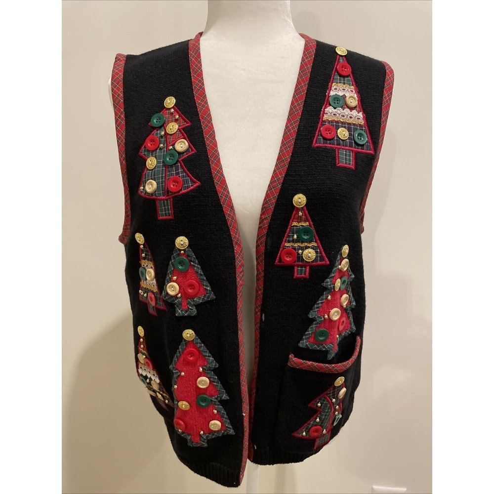 Vintage 90s Orvis Womens Navy Christmas Button Tree Sweater Vest Button Front M